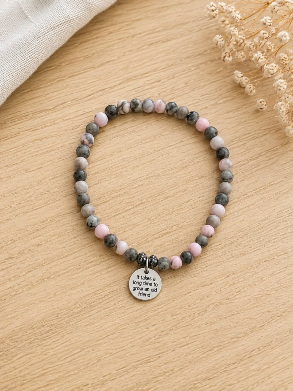Old Friends Bracelet | Charcoal & Pink Beaded Charm Bracelet | Friendship & Time